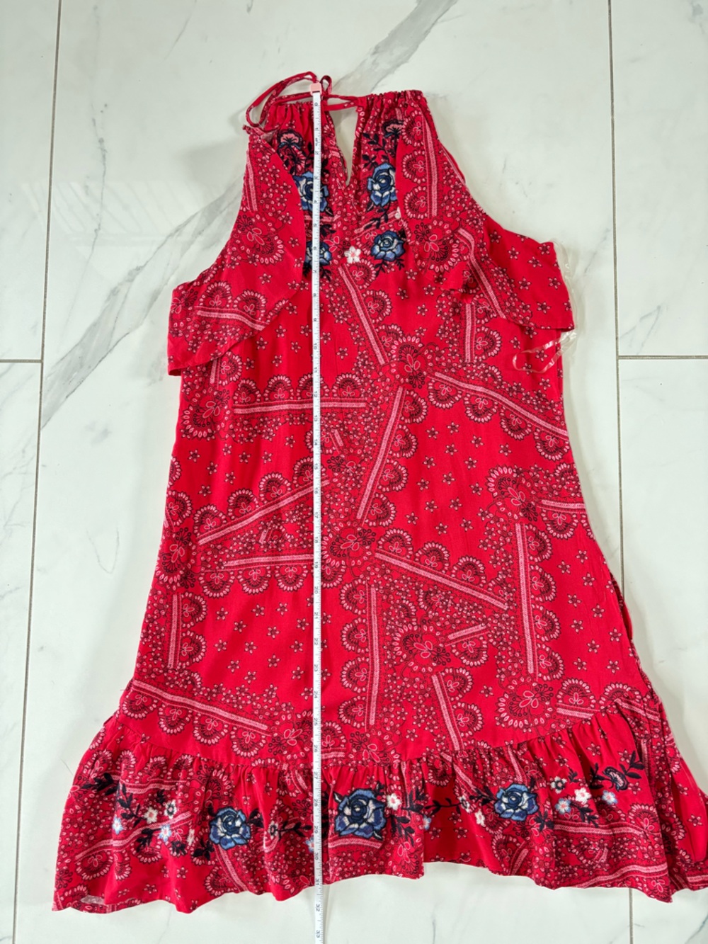 Chelsea & Violet Red Bandana-Print Halter Dress with Blue Floral Accents NWOT - Picture 15 of 16